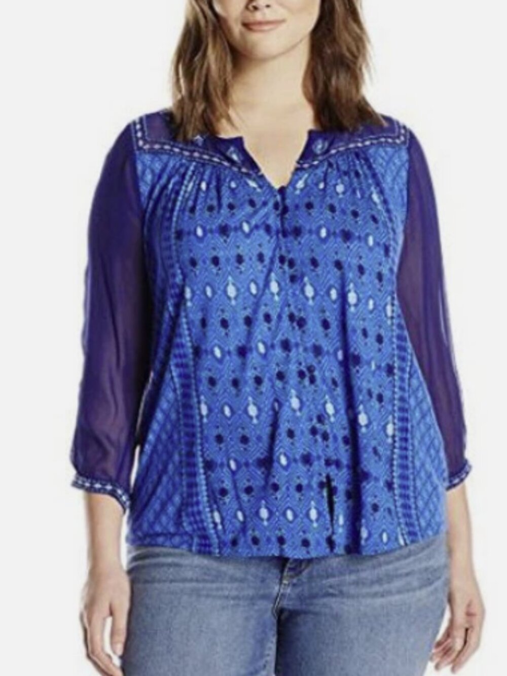 Lucky Brand Embroidered 3/4 Sleeve Boho Peasant Top Shirt Size 2X Blue/White